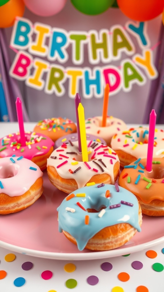 Colorful birthday celebration donuts with icing and sprinkles on a festive plate.